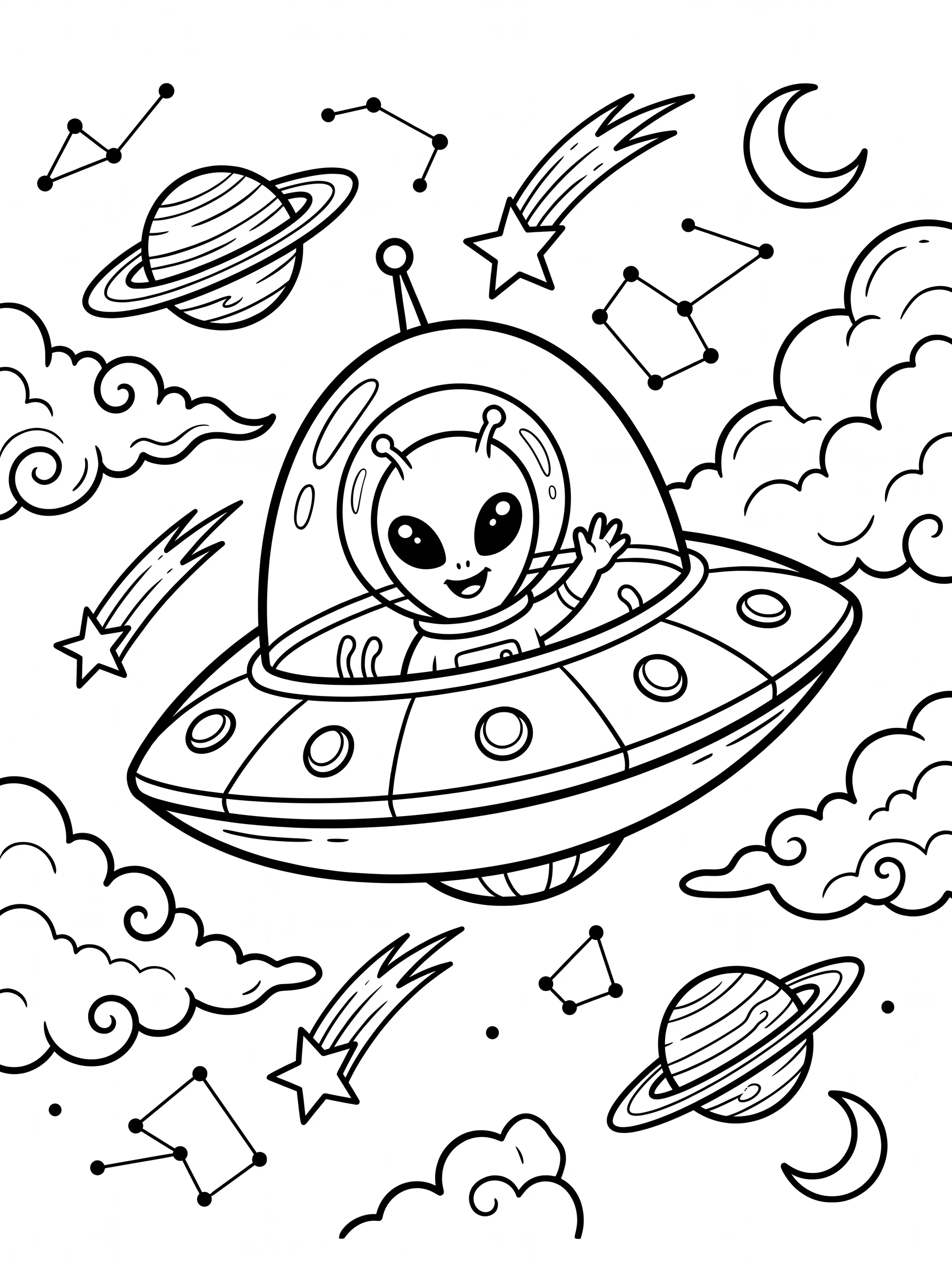 Alien Riding Retro Flying Saucer Coloring Page