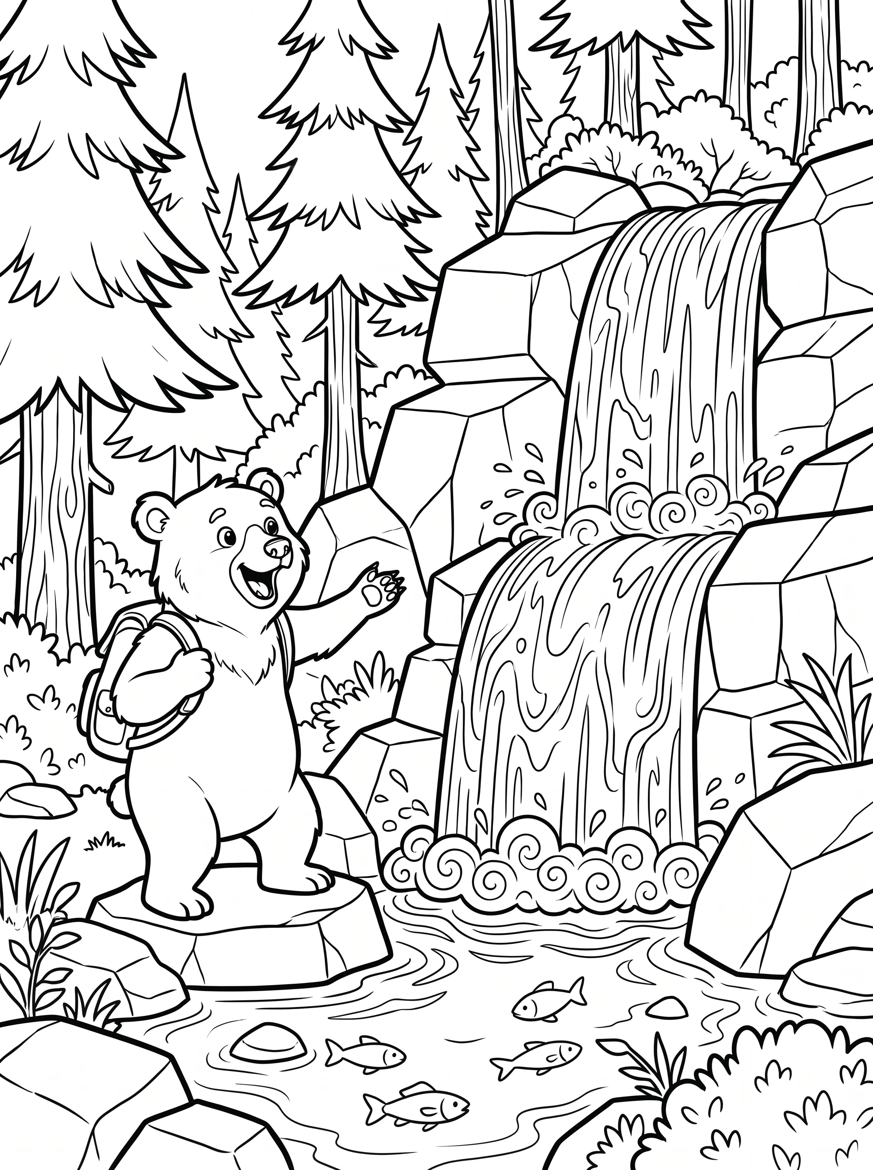 bear exploring waterfall