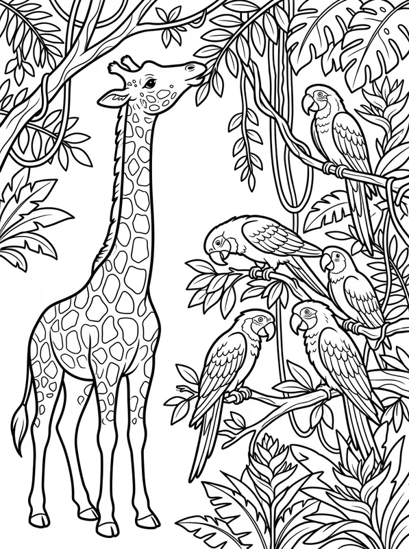 giraffe and parrots jungle canopy coloring pages