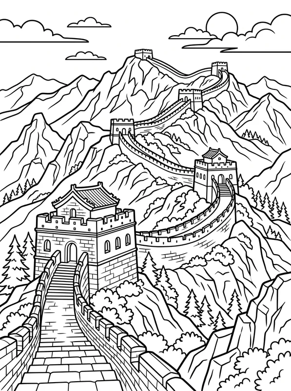 great wall china mountain landscape coloring pages