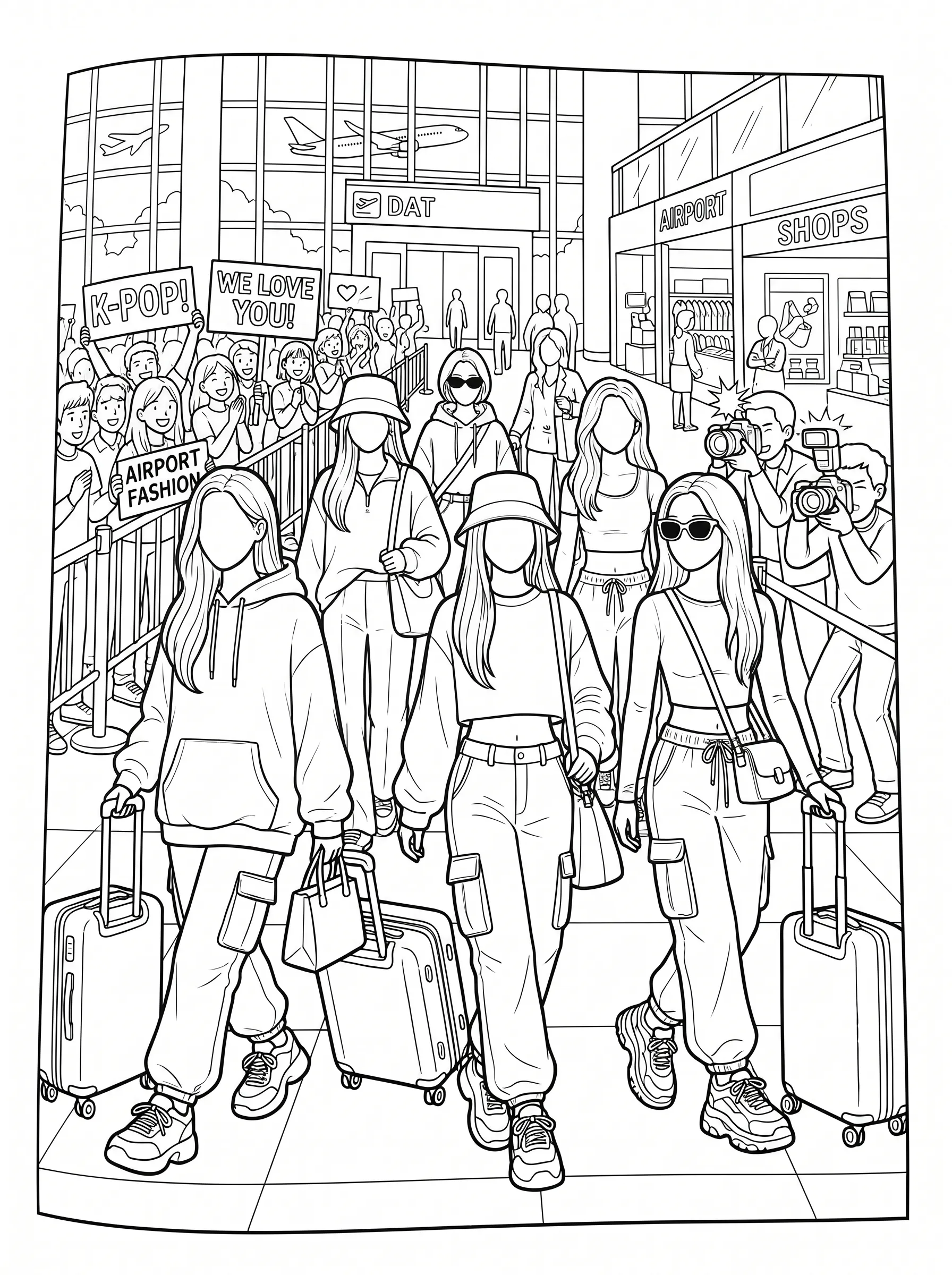 Katseye Idols Walking Airport Coloring Page | Free Printable PDF