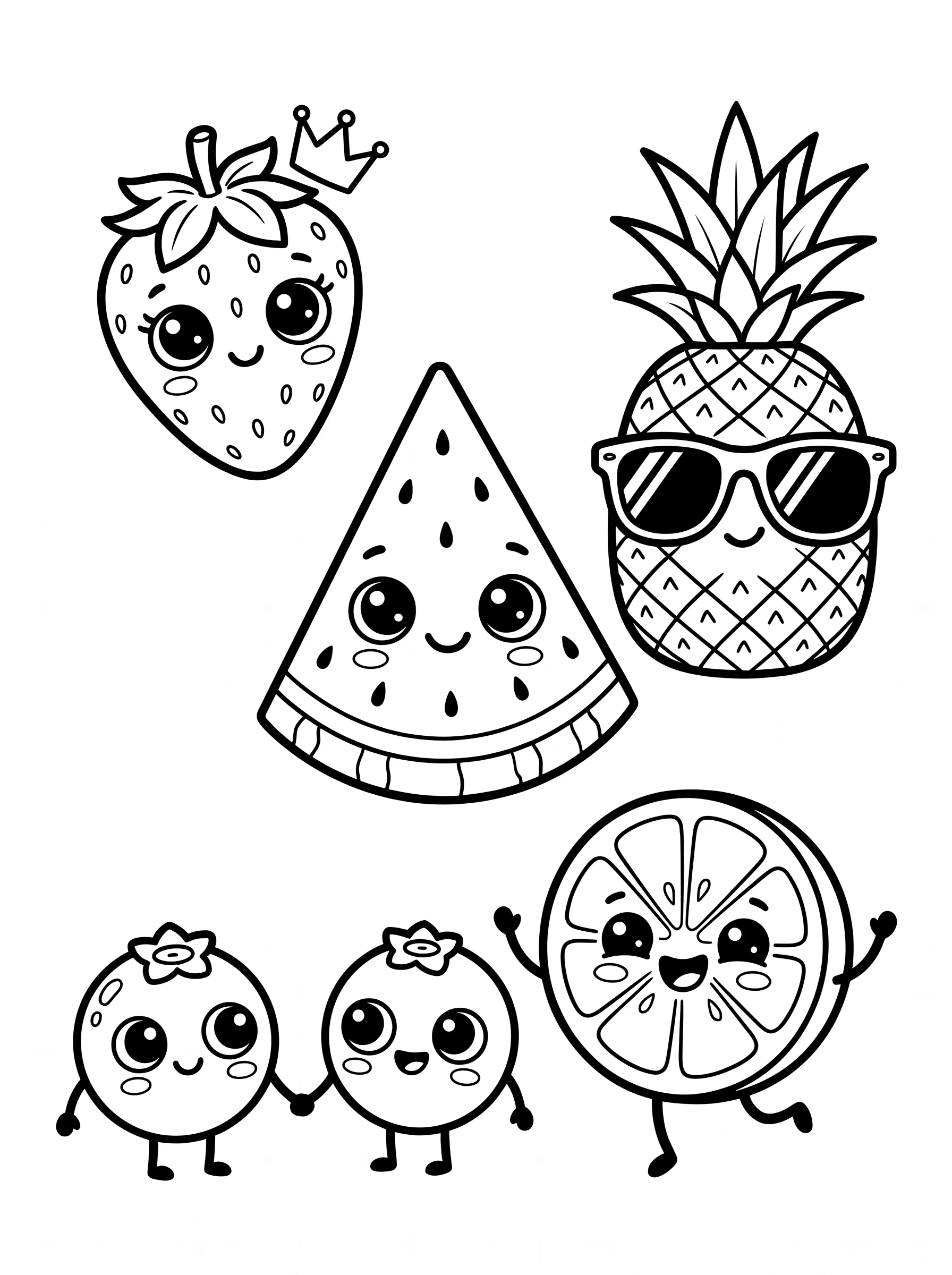 Kawaii Fruit Characters Coloring Page