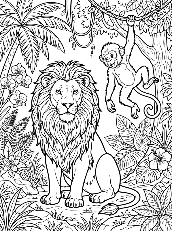 lion and monkey jungle coloring coloring pages
