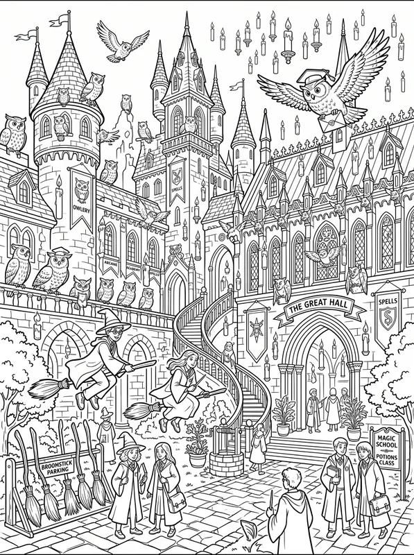 magical school scene coloring page