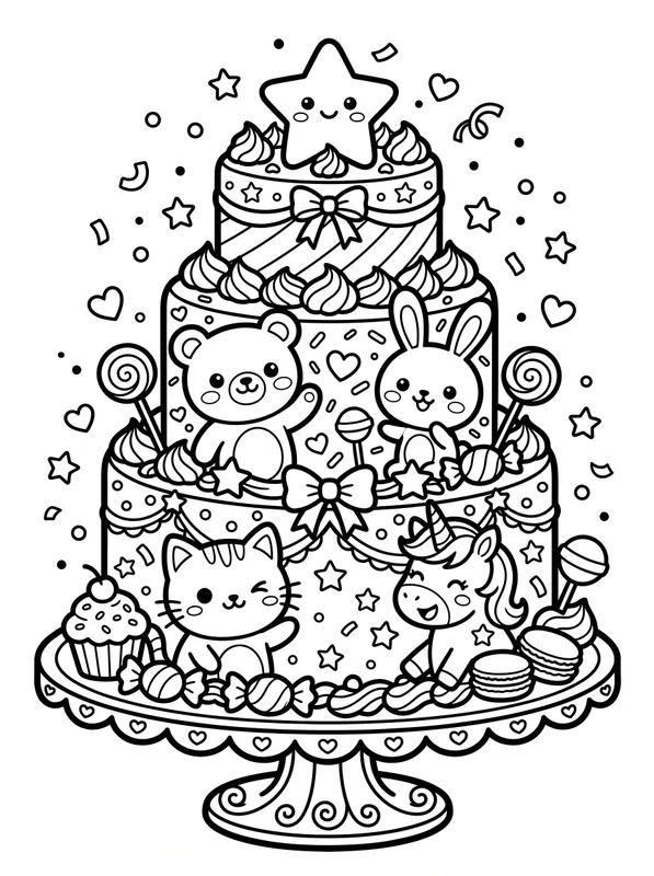 tiered cake with kawaii characters