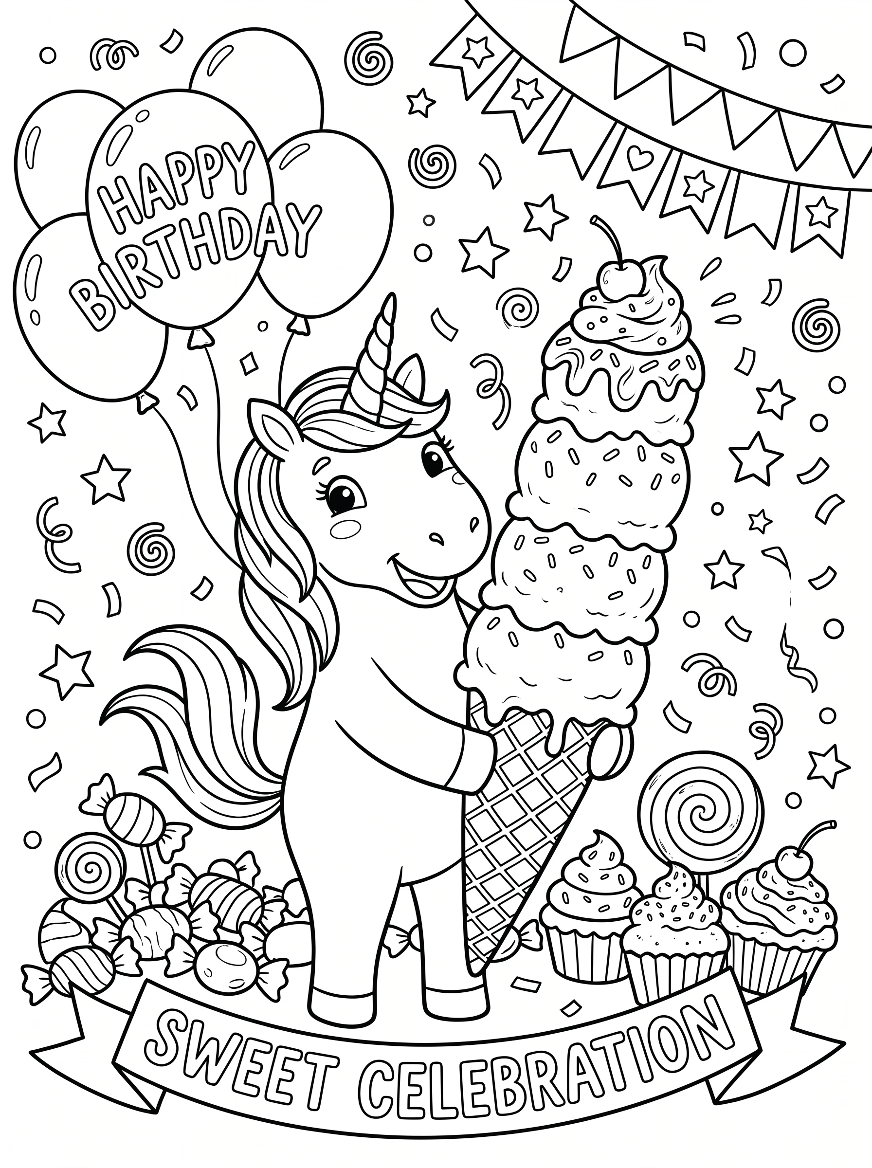 Unicorn Celebrating With Ice Cream Coloring Page