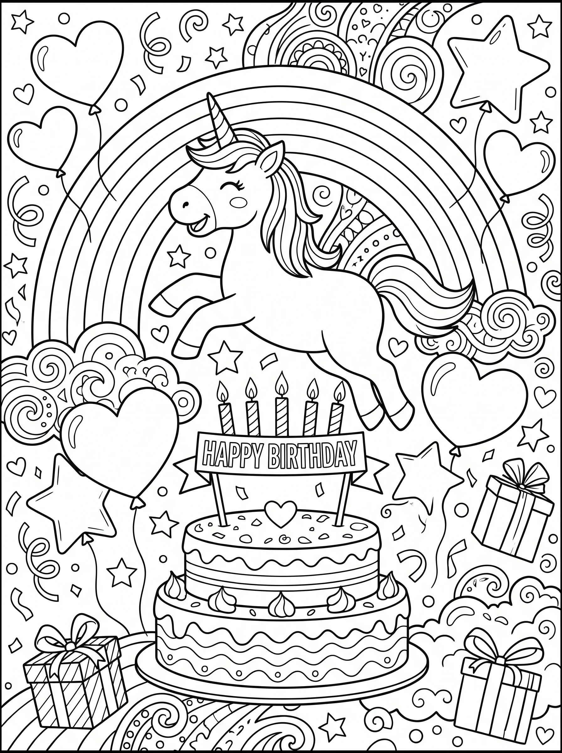 Unicorn Jumping With Birthday Cake Coloring Page