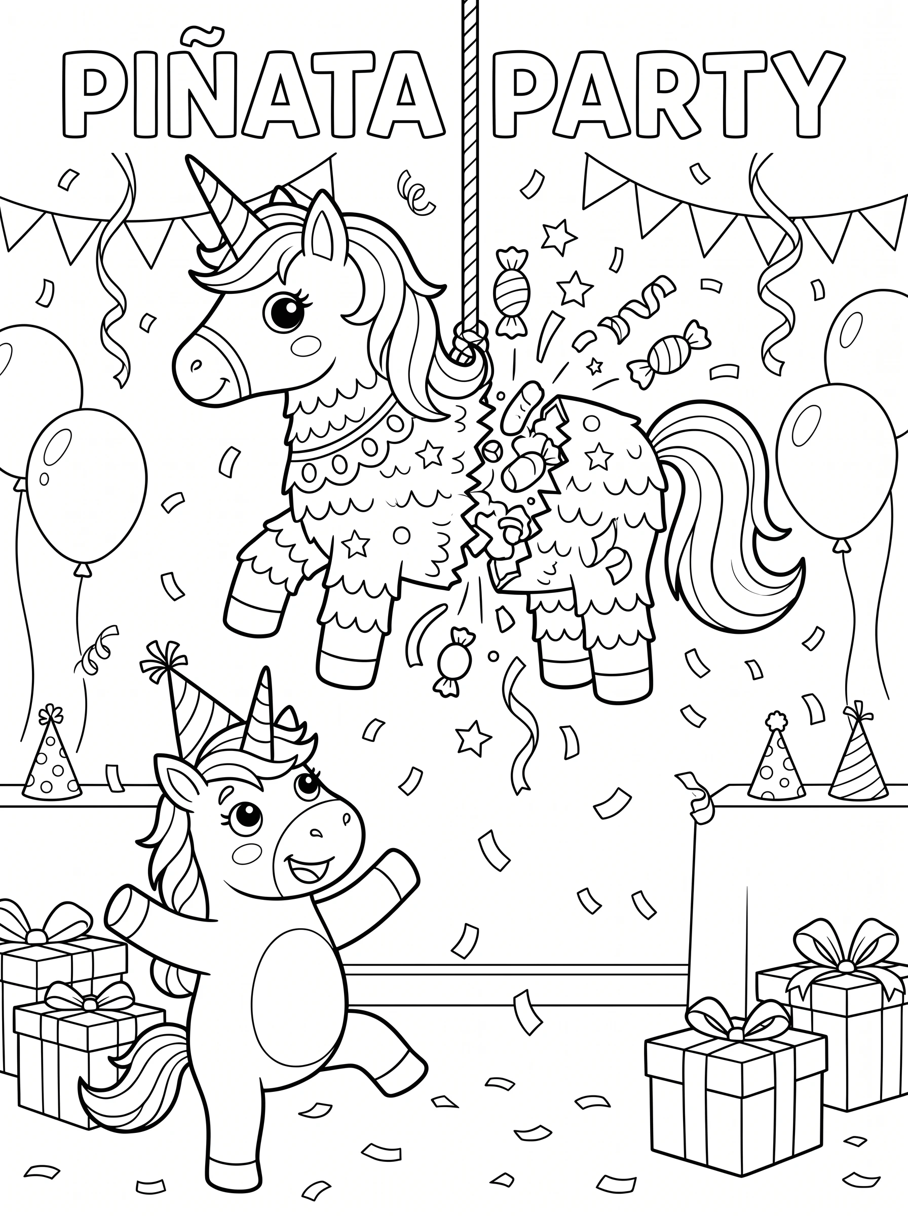 Unicorn Pinata Party Coloring Page
