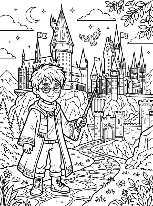 wizard in front of castle coloring pages